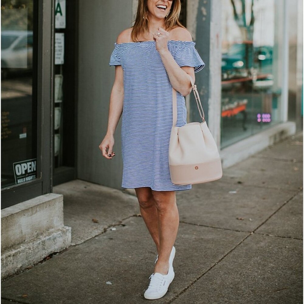 Vineyard Vines Nautical Navy Blue & White Stripe Off The Shoulder Dress
